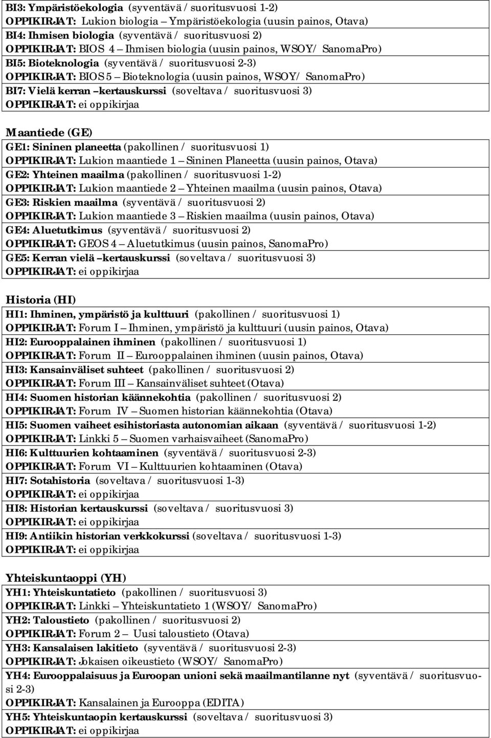 (soveltava / suoritusvuosi 3) Maantiede (GE) GE1: Sininen planeetta (pakollinen / suoritusvuosi 1) OPPIKIRJAT: Lukion maantiede 1 Sininen Planeetta (uusin painos, Otava) GE2: Yhteinen maailma