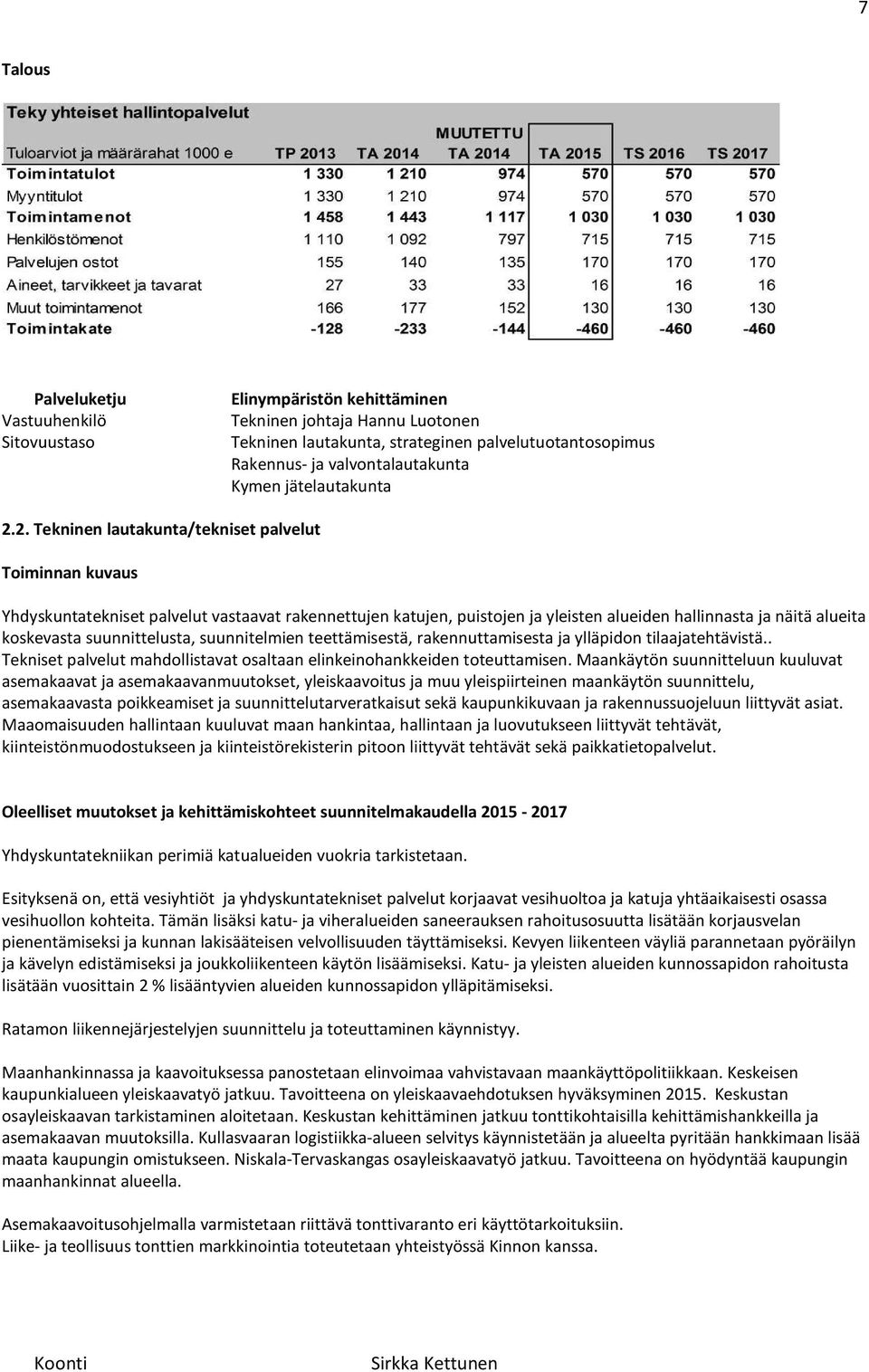 2. Tekninen lautakunta/tekniset palvelut Toiminnan kuvaus Yhdyskuntatekniset palvelut vastaavat rakennettujen katujen, puistojen ja yleisten alueiden hallinnasta ja näitä alueita koskevasta