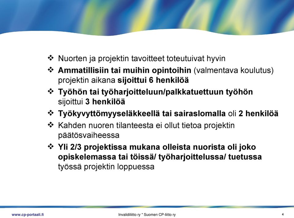 sairaslomalla oli 2 henkilöä Kahden nuoren tilanteesta ei ollut tietoa projektin päätösvaiheessa Yli 2/3 projektissa mukana