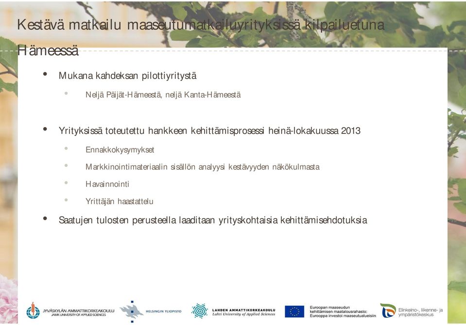 heinä-lokakuussa 2013 Ennakkokysymykset Markkinointimateriaalin sisällön analyysi kestävyyden