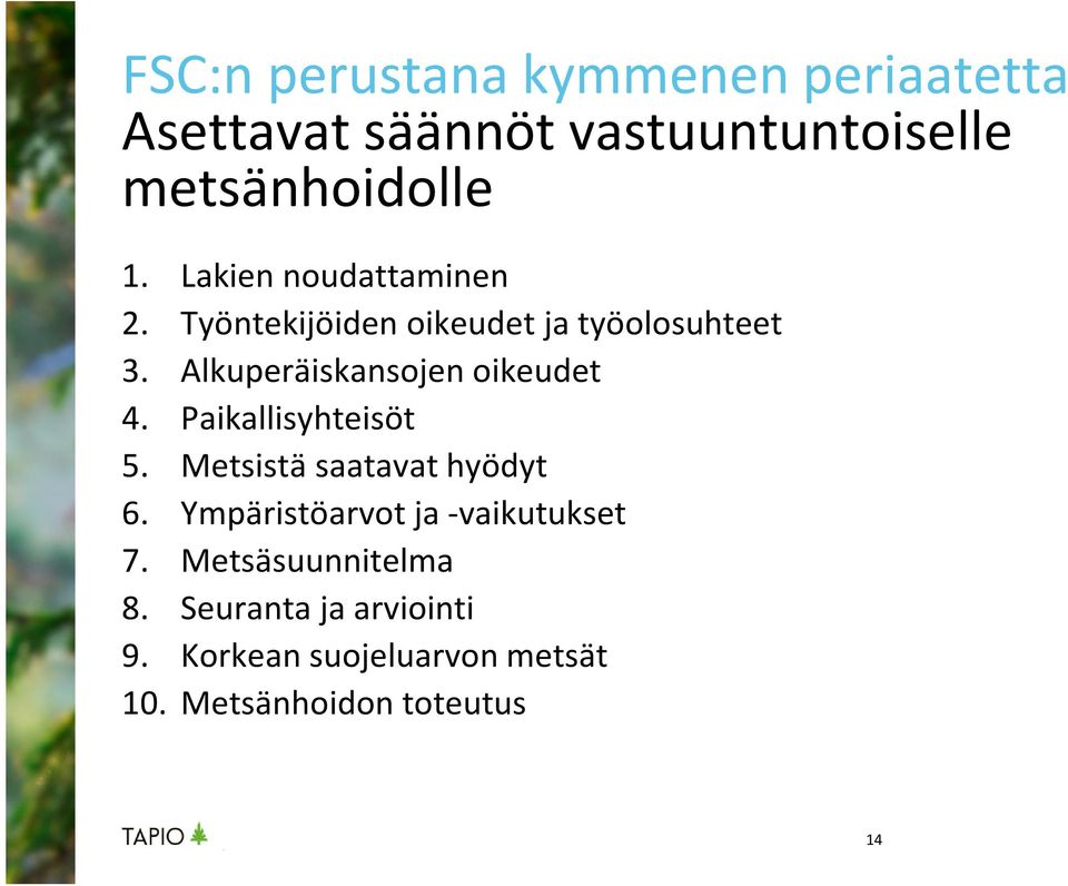 Alkuperäiskansojen oikeudet 4. Paikallisyhteisöt 5. Metsistä saatavat hyödyt 6.