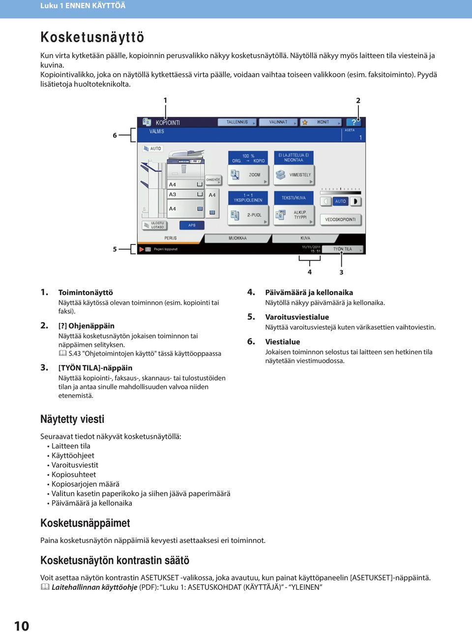 Toimintonäyttö Näyttää käytössä olevan toiminnon (esim. kopiointi tai faksi).. [?] Ohjenäppäin Näyttää kosketusnäytön jokaisen toiminnon tai näppäimen selityksen. S.