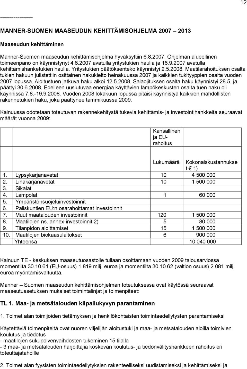 Maatilarahoituksen osalta tukien hakuun julistettiin osittainen hakukielto heinäkuussa 2007 ja kaikkien tukityyppien osalta vuoden 2007 lopussa. Aloitustuen jatkuva haku alkoi 12.5.2008.