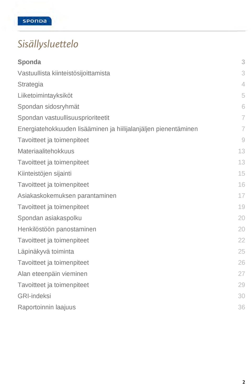 sijainti 15 Tavoitteet ja toimenpiteet 16 Asiakaskokemuksen parantaminen 17 Tavoitteet ja toimenpiteet 19 Spondan asiakaspolku 20 Henkilöstöön panostaminen 20