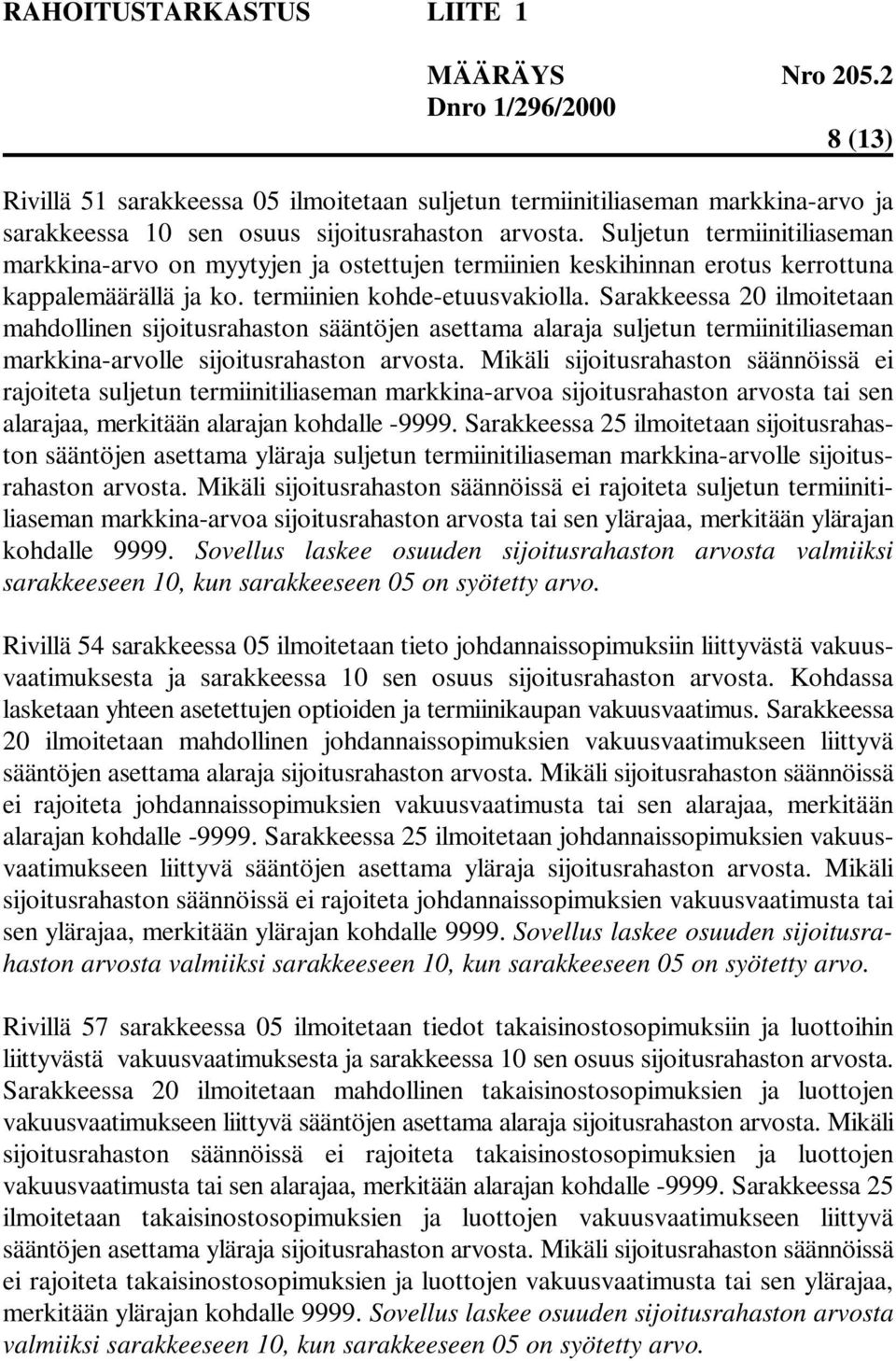 Sarakkeessa 20 ilmoitetaan mahdollinen sijoitusrahaston sääntöjen asettama alaraja suljetun termiinitiliaseman markkina-arvolle sijoitusrahaston arvosta.