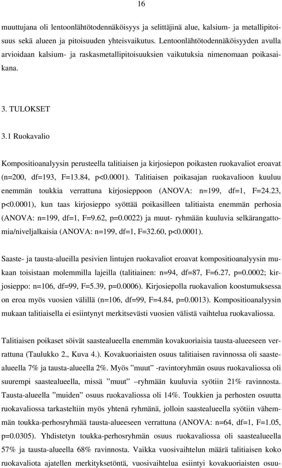 1 Ruokavalio Kompositioanalyysin perusteella talitiaisen ja kirjosiepon poikasten ruokavaliot eroavat (n=200, df=193, F=13.84, p<0.0001).