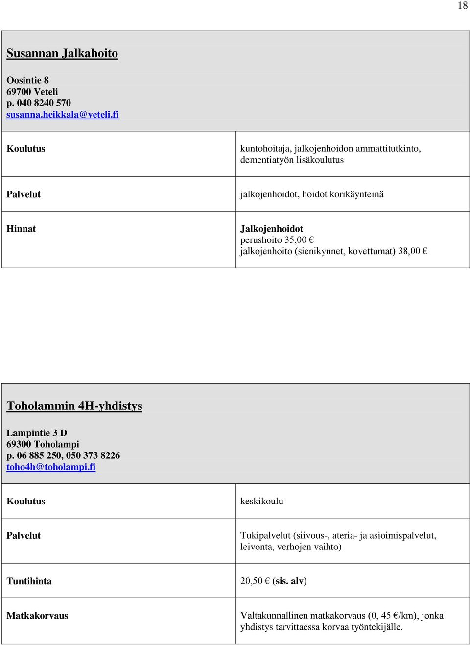 35,00 jalkojenhoito (sienikynnet, kovettumat) 38,00 Toholammin 4H-yhdistys Lampintie 3 D 69300 Toholampi p.