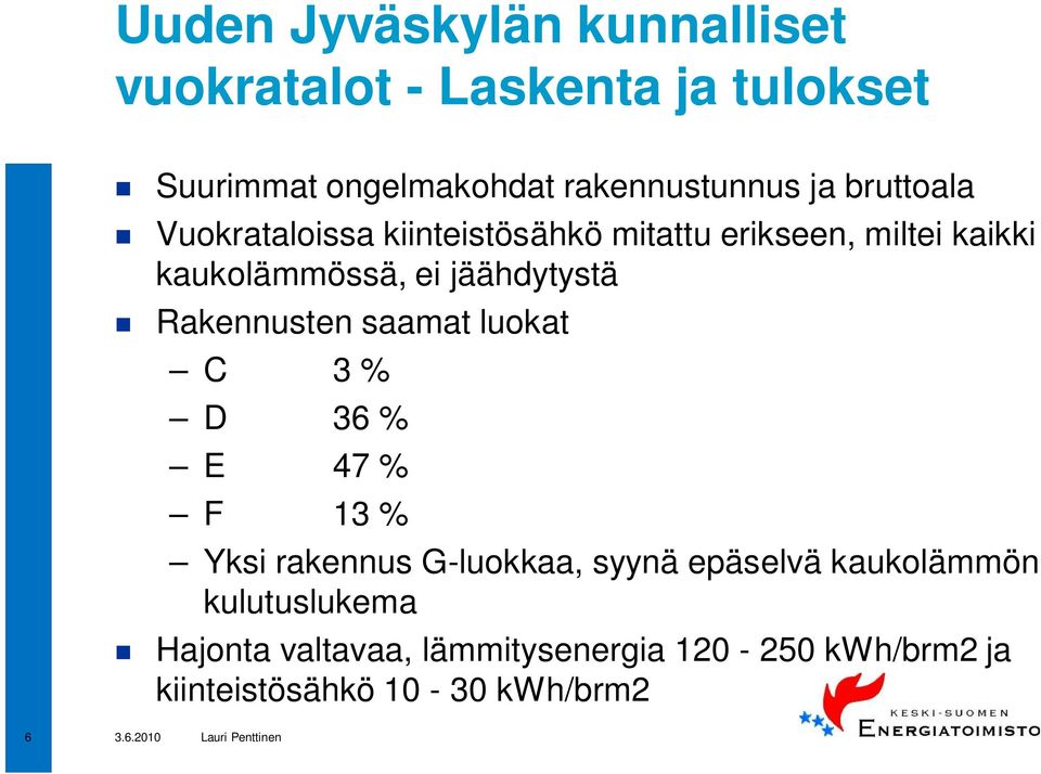 jäähdytystä Rakennusten saamat luokat C 3 % D 36 % E 47 % F 13 % Yksi rakennus G-luokkaa, syynä