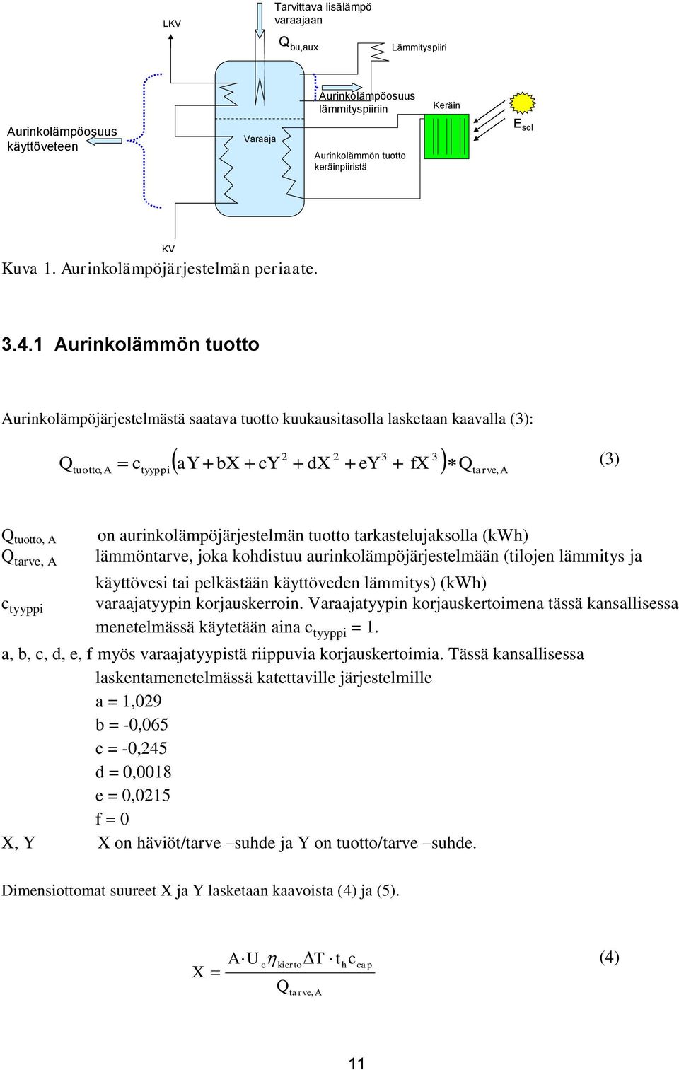 1 Aurinkolämmön tuotto Aurinkolämpöjärjestelmästä saatava tuotto kuukausitasolla lasketaan kaavalla (3): 2 2 3 3 ay bx cy dx ey fx Qtarve A Q tuotto, A ctyyppi, (3) Q tuotto, A Q tarve, A c tyyppi on