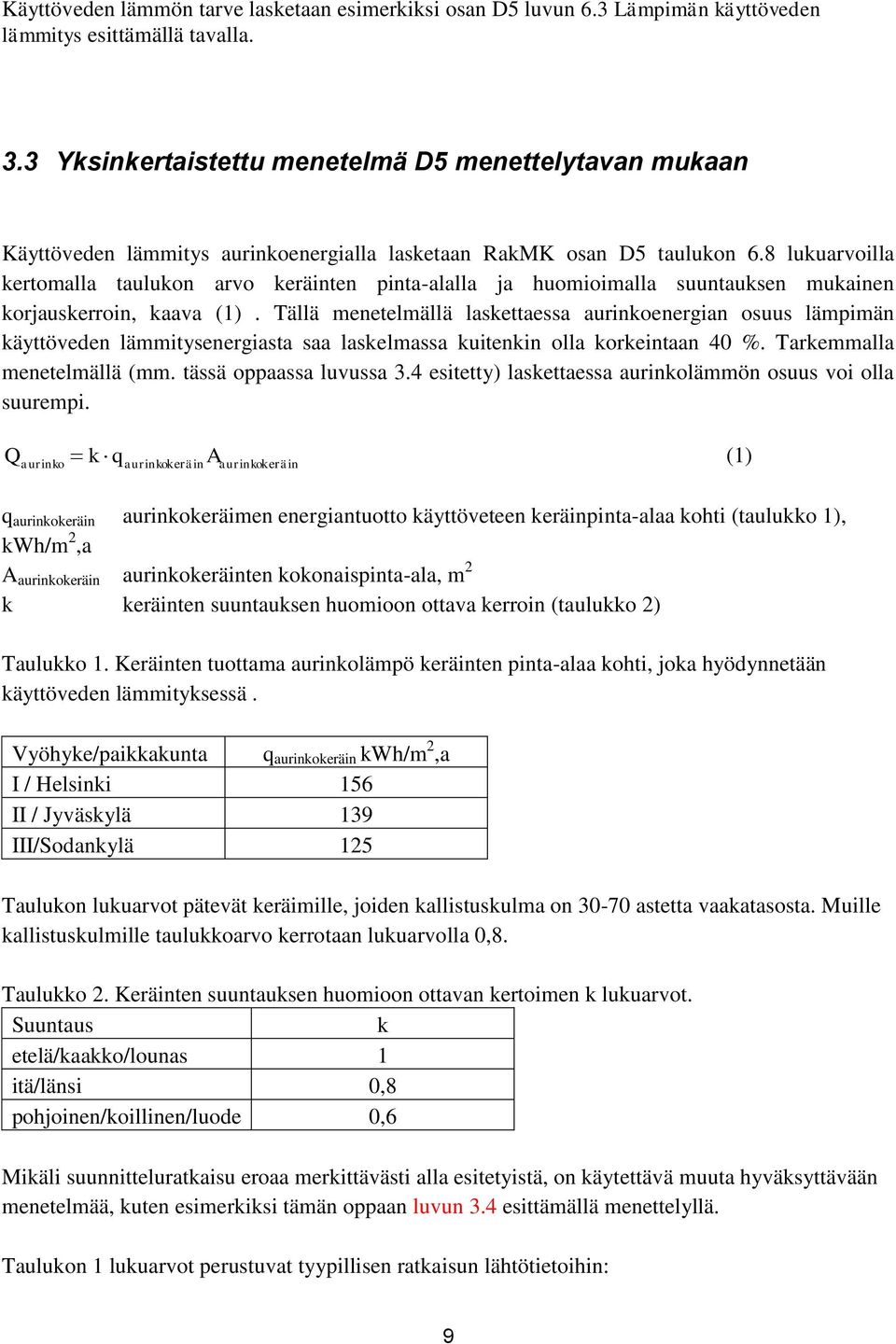 8 lukuarvoilla kertomalla taulukon arvo keräinten pinta-alalla ja huomioimalla suuntauksen mukainen korjauskerroin, kaava (1).