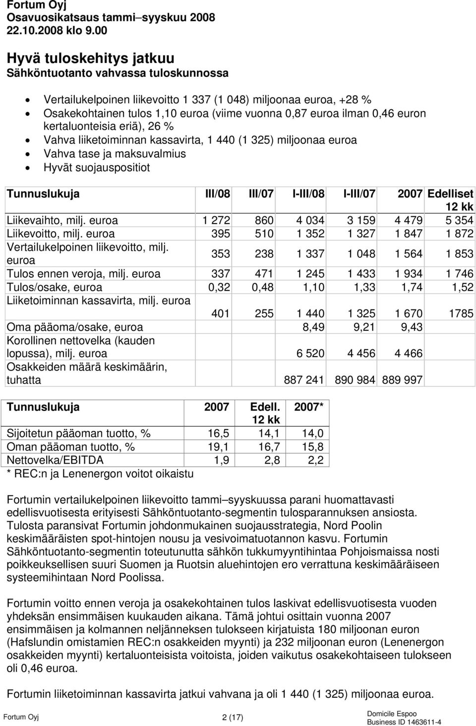 0,46 euron kertaluonteisia eriä), 26 % Vahva liiketoiminnan kassavirta, 1 440 (1 325) miljoonaa euroa Vahva tase ja maksuvalmius Hyvät suojauspositiot Tunnuslukuja III/08 III/07 I-III/08 I-III/07