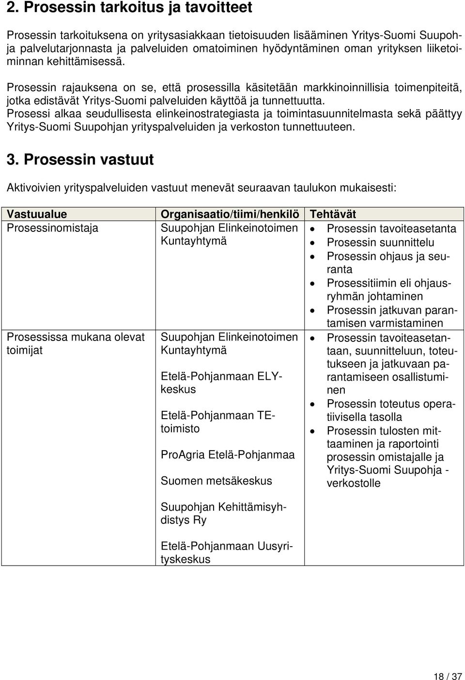 Prosessi alkaa seudullisesta elinkeinostrategiasta ja toimintasuunnitelmasta sekä päättyy Yritys-Suomi Suupohjan yrityspalveluiden ja verkoston tunnettuuteen. 3.