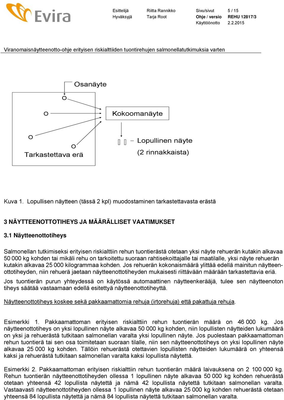 1 Näytteenottotiheys Salmonellan tutkimiseksi erityisen riskialttiin rehun tuontierästä otetaan yksi näyte rehuerän kutakin alkavaa 50 000 kg kohden tai mikäli rehu on tarkoitettu suoraan