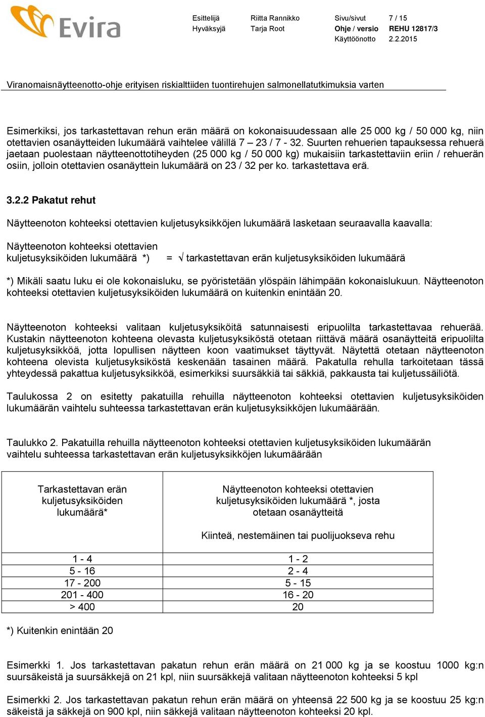 Suurten rehuerien tapauksessa rehuerä jaetaan puolestaan näytteenottotiheyden (25 000 kg / 50 000 kg) mukaisiin tarkastettaviin eriin / rehuerän osiin, jolloin otettavien osanäyttein lukumäärä on 23