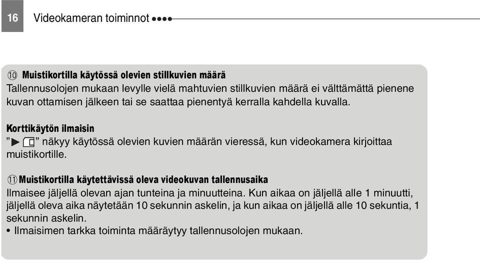 Korttikäytön ilmaisin näkyy käytössä olevien kuvien määrän vieressä, kun videokamera kirjoittaa muistikortille.