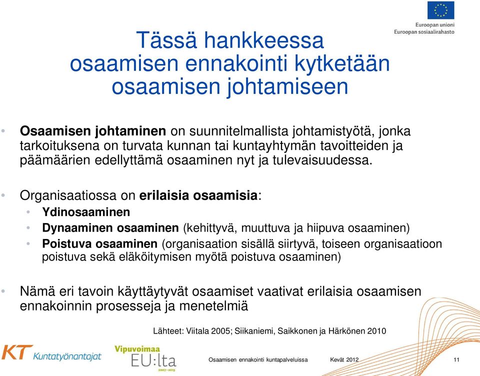 Organisaatiossa on erilaisia osaamisia: Ydinosaaminen Dynaaminen osaaminen (kehittyvä, muuttuva ja hiipuva osaaminen) Poistuva osaaminen (organisaation sisällä