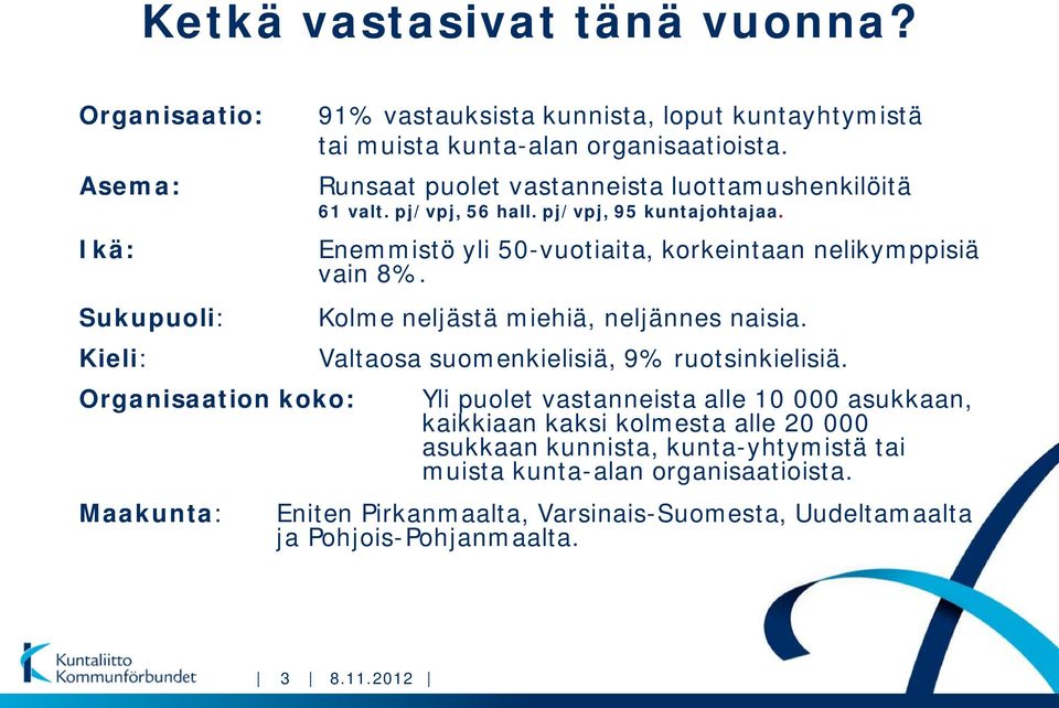 Runsaat puolet vastanneista luottamushenkilöitä 61 valt. pj/vpj, 56 hall. pj/vpj, 95 kuntajohtajaa. Enemmistö yli 50-vuotiaita, korkeintaan nelikymppisiä vain 8%.