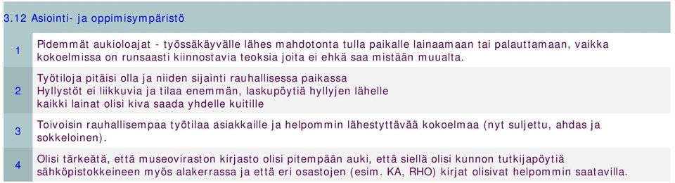 Työtiloja pitäisi olla ja niiden sijainti rauhallisessa paikassa Hyllystöt ei liikkuvia ja tilaa enemmän, laskupöytiä hyllyjen lähelle kaikki lainat olisi kiva saada yhdelle kuitille