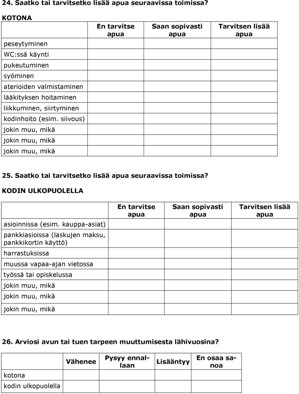 siirtyminen kodinhoito (esim. siivous) 25. Saatko tai tarvitsetko lisää seuraavissa toimissa? KODIN ULKOPUOLELLA asioinnissa (esim.