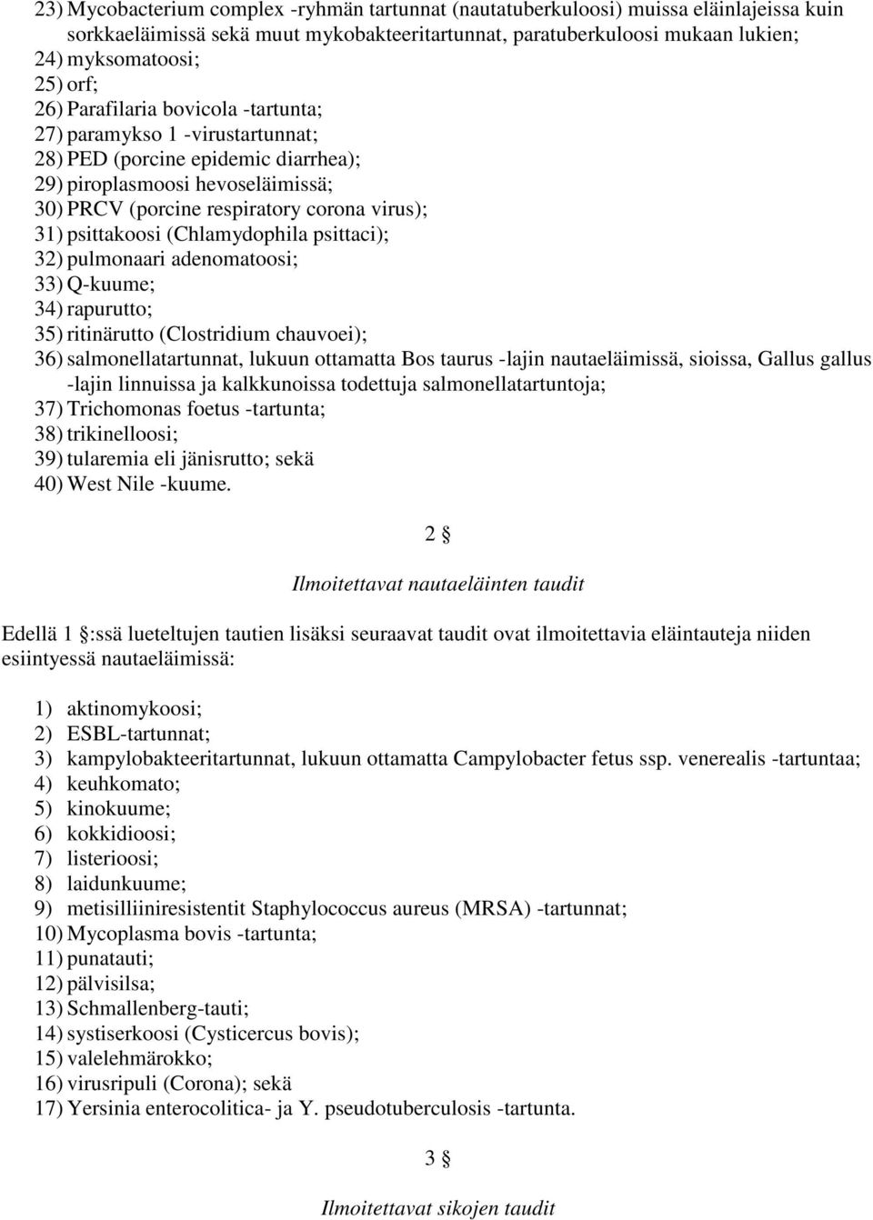 psittakoosi (Chlamydophila psittaci); 32) pulmonaari adenomatoosi; 33) Q-kuume; 34) rapurutto; 35) ritinärutto (Clostridium chauvoei); 36) salmonellatartunnat, lukuun ottamatta Bos taurus -lajin