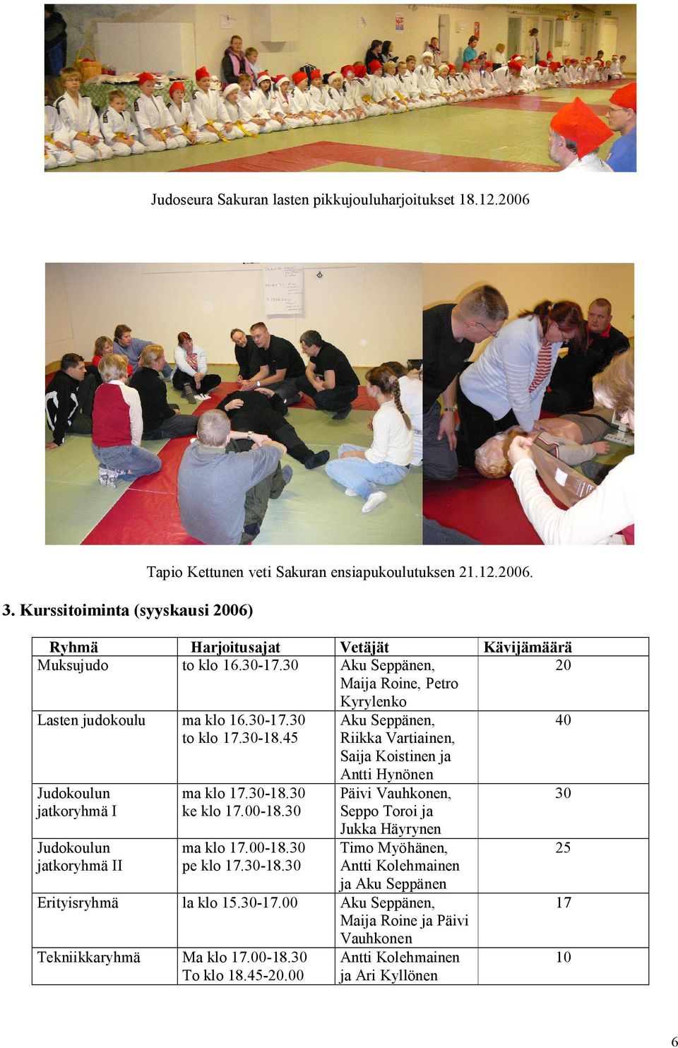 45 Aku Seppänen, Riikka Vartiainen, Saija Koistinen ja 40 Judokoulun jatkoryhmä I Judokoulun jatkoryhmä II ma klo 17.30 18.