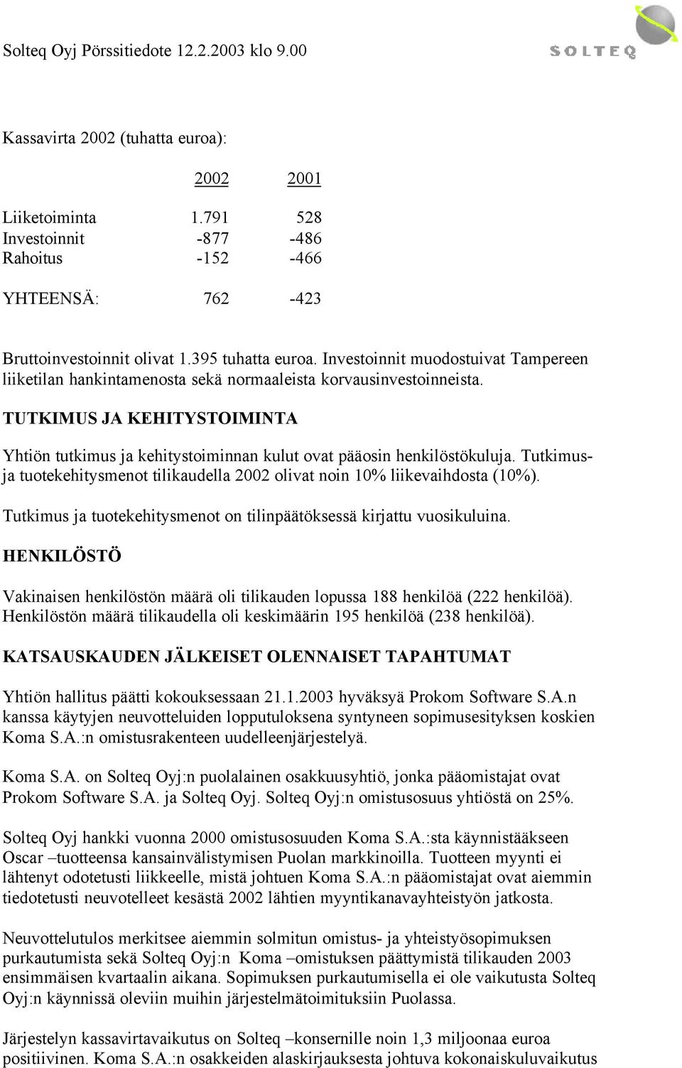 TUTKIMUS JA KEHITYSTOIMINTA Yhtiön tutkimus ja kehitystoiminnan kulut ovat pääosin henkilöstökuluja. Tutkimusja tuotekehitysmenot tilikaudella 2002 olivat noin 10% liikevaihdosta (10%).