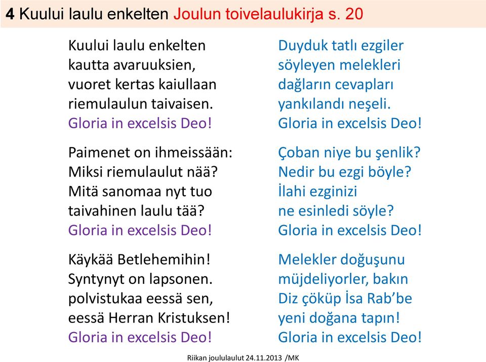 polvistukaa eessä sen, eessä Herran Kristuksen! Gloria in excelsis Deo! Duyduk tatlı ezgiler söyleyen melekleri dağların cevapları yankılandı neşeli. Gloria in excelsis Deo! Çoban niye bu şenlik?