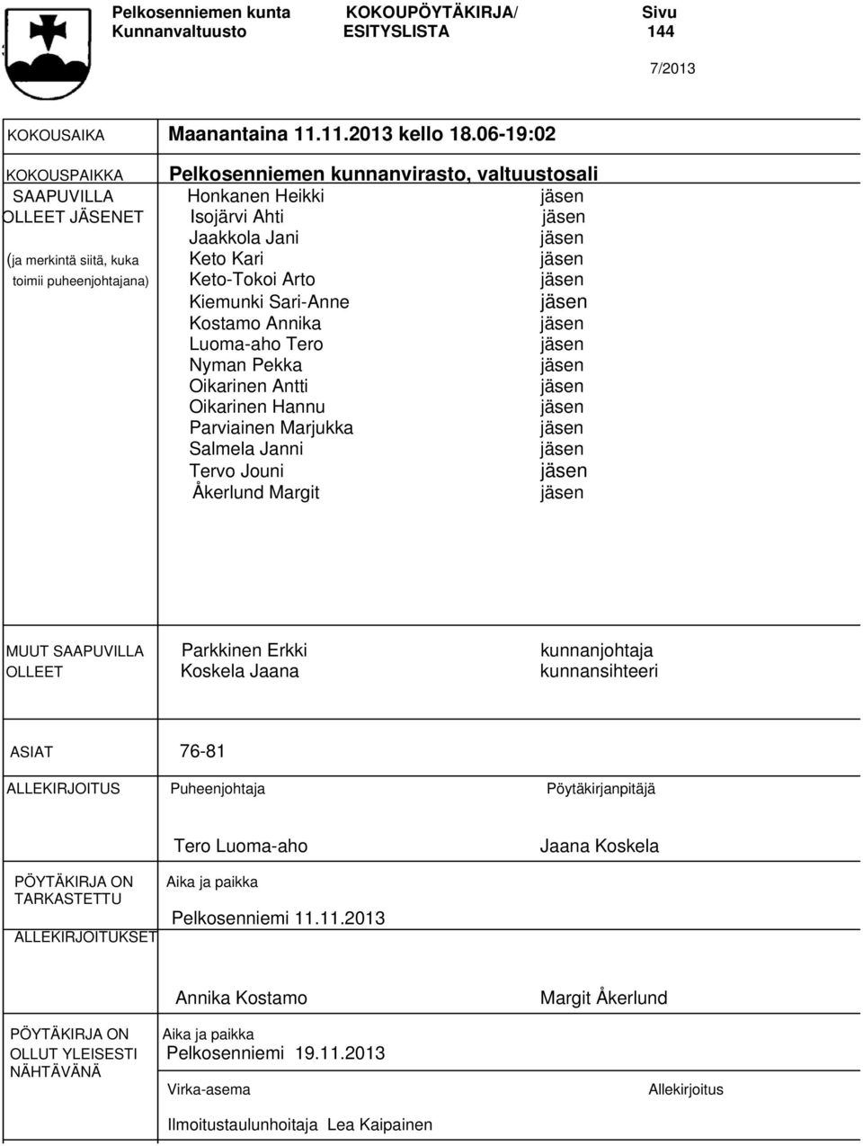 Keto-Tokoi Arto Kiemunki Sari-Anne Kostamo Annika Luoma-aho Tero Nyman Pekka Oikarinen Antti Oikarinen Hannu Parviainen Marjukka Salmela Janni Tervo Jouni Åkerlund Margit MUUT SAAPUVILLA Parkkinen