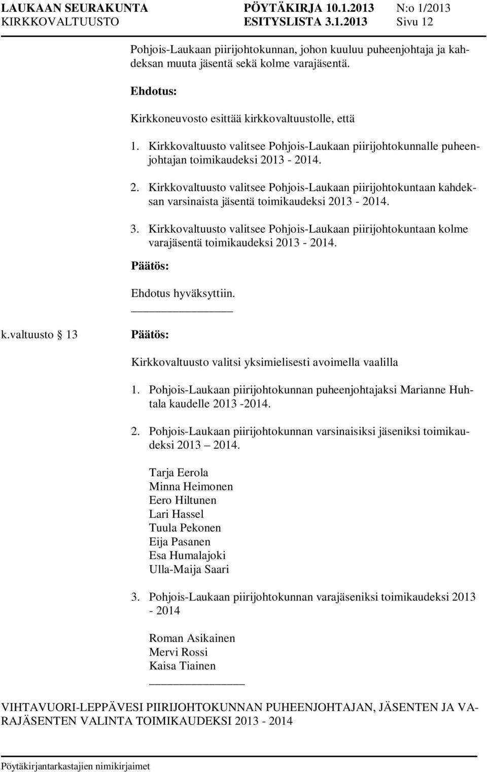 13-2014. 2. Kirkkovaltuusto valitsee Pohjois-Laukaan piirijohtokuntaan kahdeksan varsinaista jäsentä toimikaudeksi 2013-2014. 3.