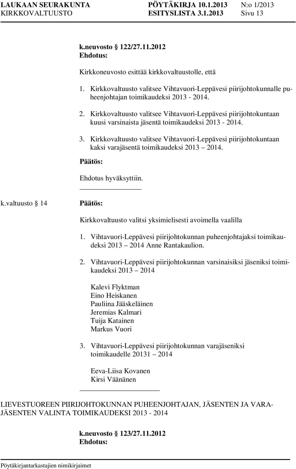 13-2014. 2. Kirkkovaltuusto valitsee Vihtavuori-Leppävesi piirijohtokuntaan kuusi varsinaista jäsentä toimikaudeksi 2013-2014. 3.