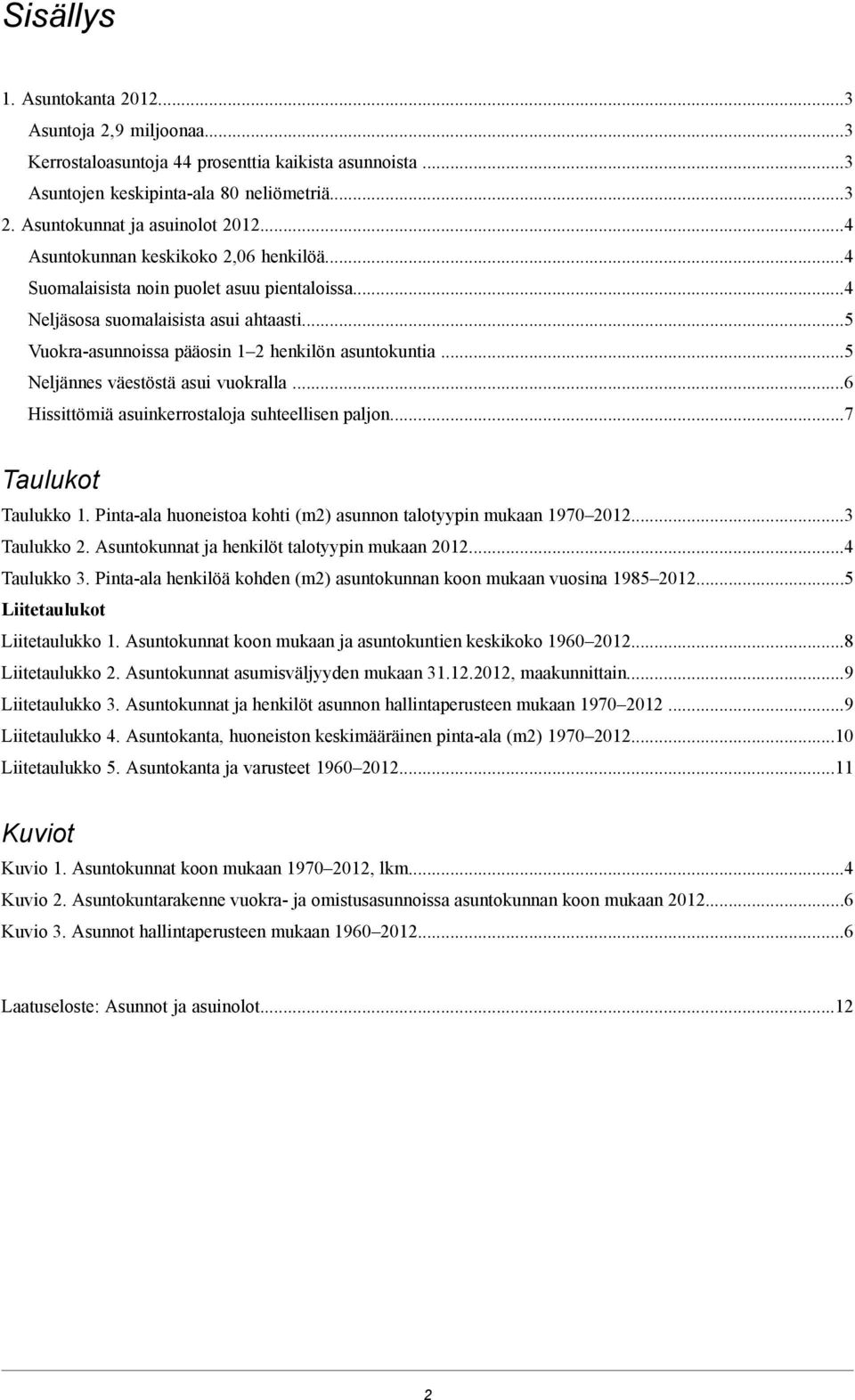..5 Neljännes väestöstä asui vuokralla...6 Hissittömiä asuinkerrostaloja suhteellisen paljon...7 Taulukot Taulukko 1. Pinta-ala huoneistoa kohti (m2) asunnon talotyypin mukaan 1970 2012...3 Taulukko 2.