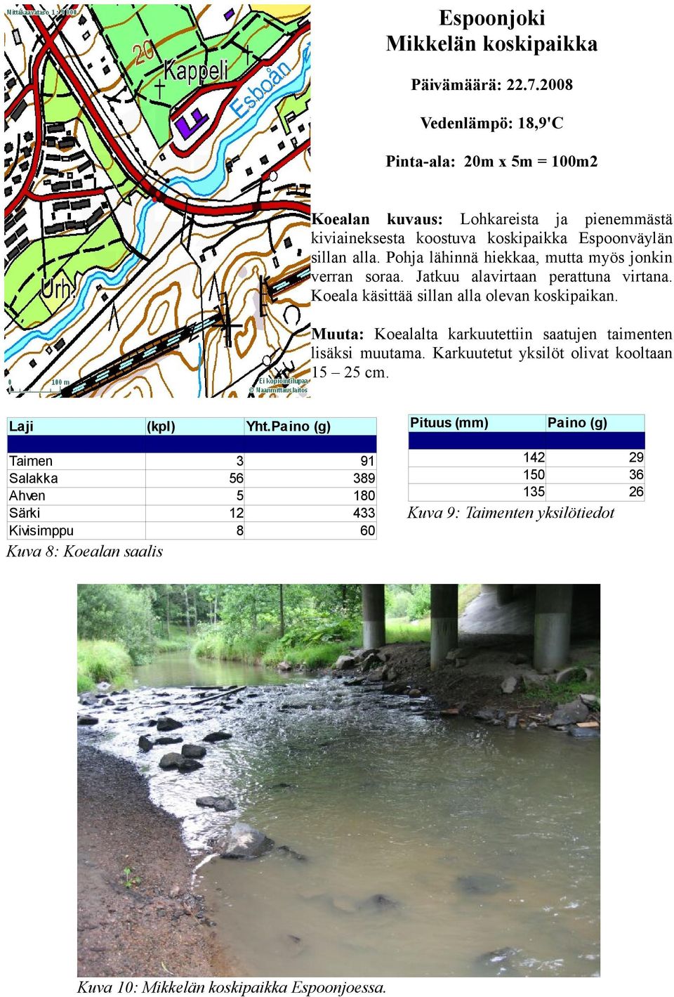 Pohja lähinnä hiekkaa, mutta myös jonkin verran soraa. Jatkuu alavirtaan perattuna virtana. Koeala käsittää sillan alla olevan koskipaikan.