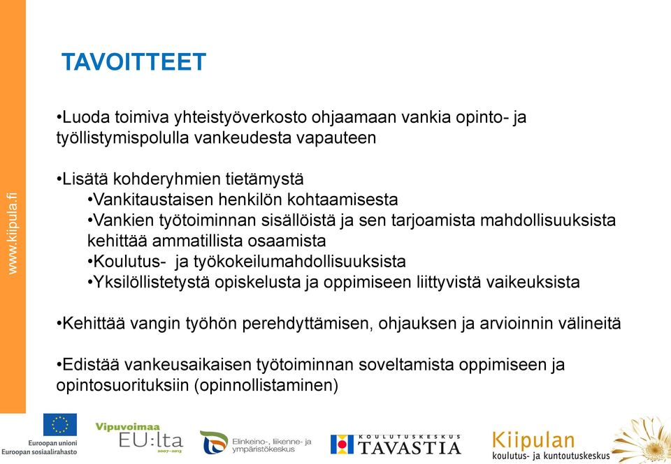 osaamista Koulutus- ja työkokeilumahdollisuuksista Yksilöllistetystä opiskelusta ja oppimiseen liittyvistä vaikeuksista Kehittää vangin työhön