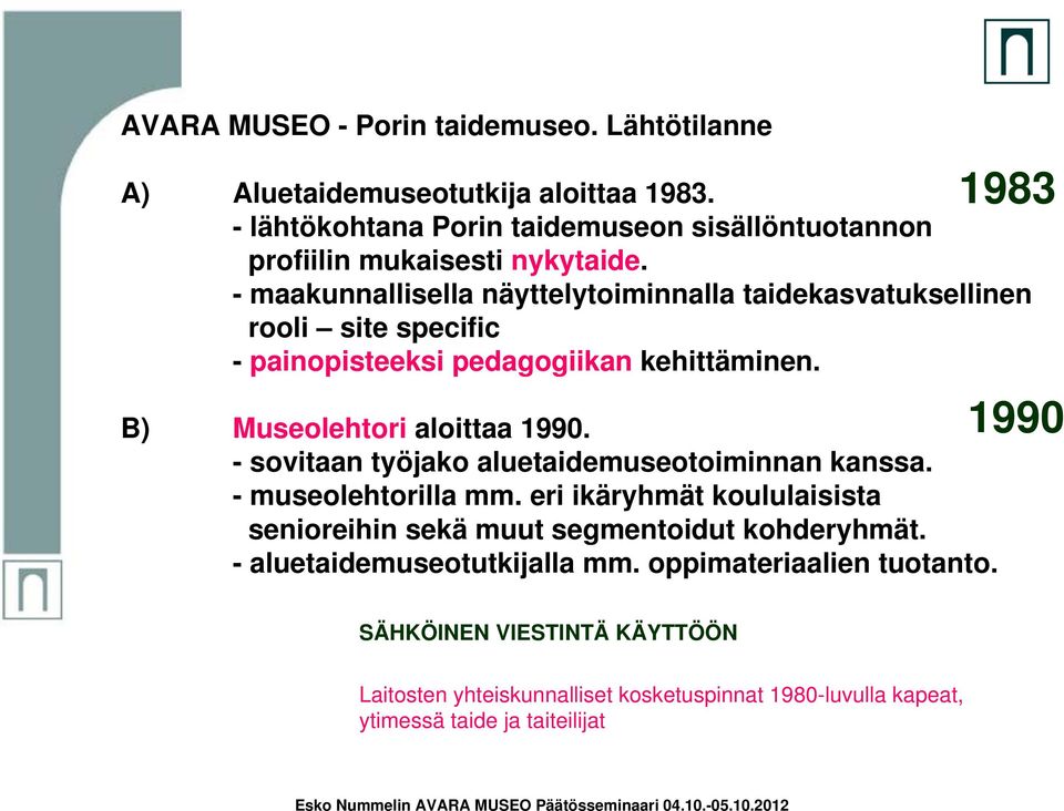 - maakunnallisella näyttelytoiminnalla taidekasvatuksellinen rooli site specific - painopisteeksi pedagogiikan kehittäminen. B) Museolehtori aloittaa 1990.