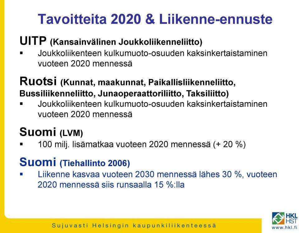 Junaoperaattoriliitto, Taksiliitto) Joukkoliikenteen kulkumuoto-osuuden kaksinkertaistaminen vuoteen 2020 mennessä Suomi (LVM) 100