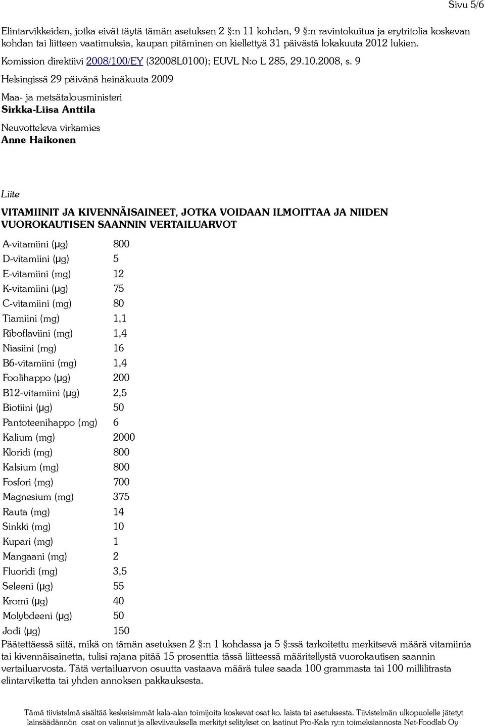 9 Helsinissä 29 päivänä heinäkuuta 2009 Maa- ja metsätalousministeri Sirkka-Liisa Anttila Neuvotteleva virkamies Anne Haikonen Liite VITAMIINIT JA KIVENNÄISAINEET, JOTKA VOIDAAN ILMOITTAA JA NIIDEN