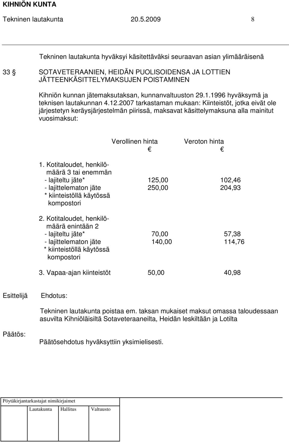 jätemaksutaksan, kunnanvaltuuston 29.1.1996 hyväksymä ja teknisen lautakunnan 4.12.