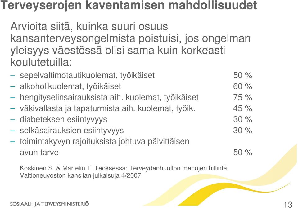 kuolemat, työikäiset 75 % väkivallasta ja tapaturmista aih. kuolemat, työik.