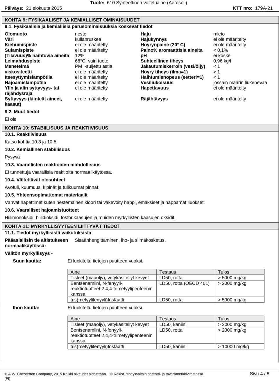 määritelty Sulamispiste ei ole määritelty Paino% aromaattisia aineita < 0,1% (Tilavuus)% haihtuvia aineita 12% ph ei koske Leimahduspiste 68 C, vain tuote Suhteellinen tiheys 0,96 kg/l Menetelmä PM