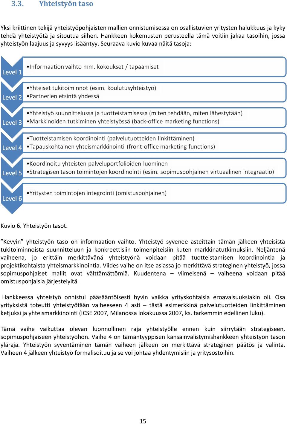 Kevyin yhteistyön taso on informaation vaihto. Yhteistyö syvenee asteittain tämän jälkeen yhteisistä tukitoiminnoista suunnitteluun ja konkreettisiin toimenpiteisiin kuten markkinatutkimuksiin.