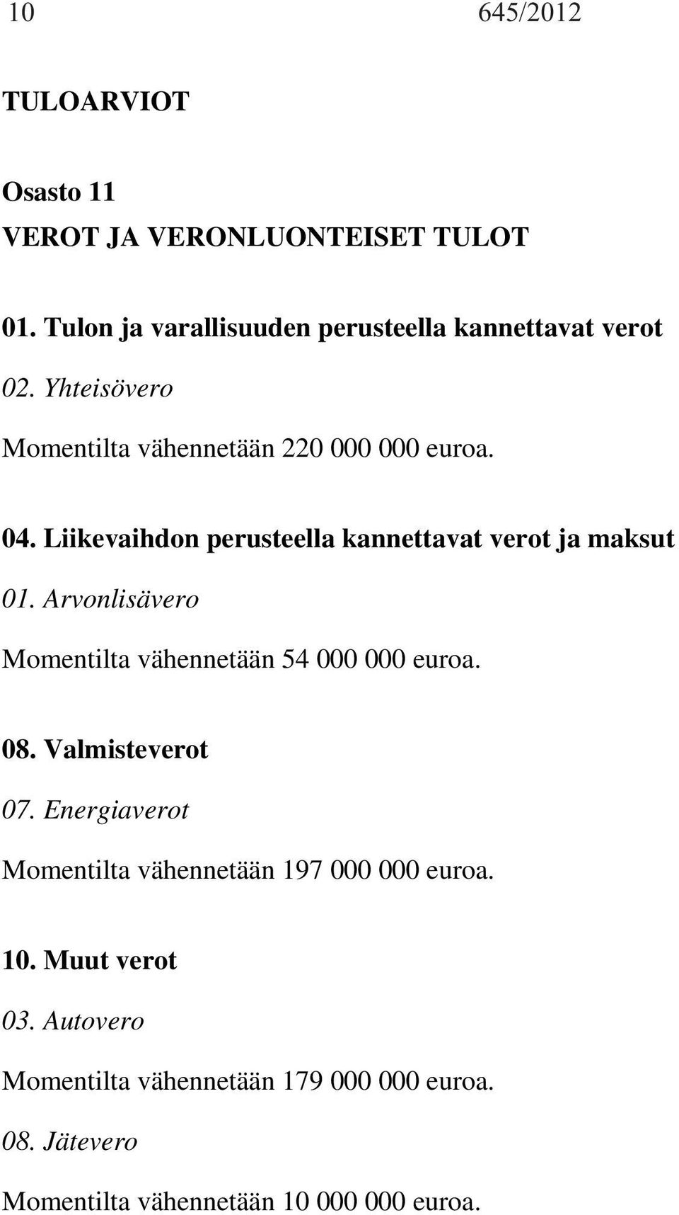 Arvonlisävero Momentilta vähennetään 54 000 000 euroa. 08. Valmisteverot 07.