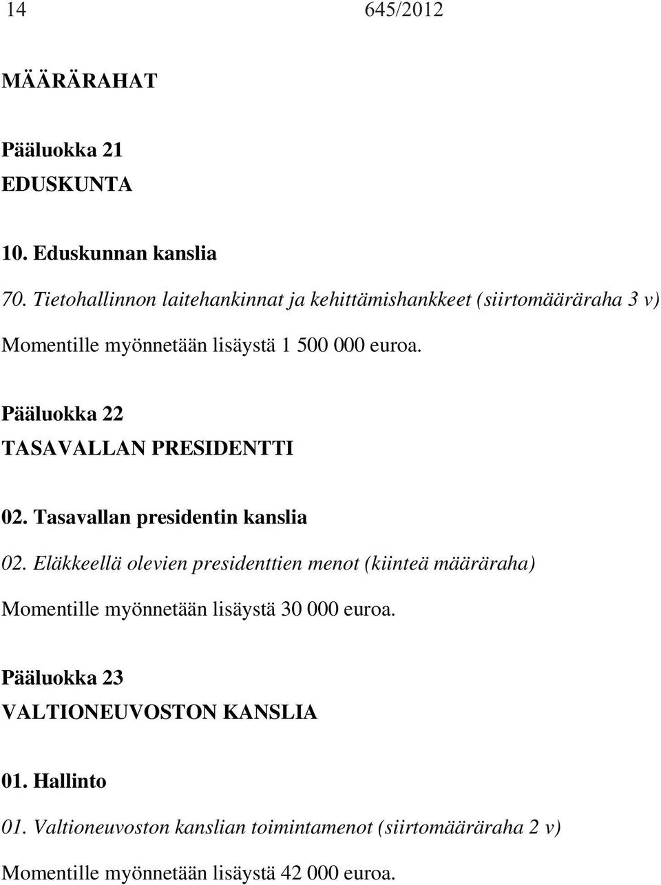 Pääluokka 22 TASAVALLAN PRESIDENTTI 02. Tasavallan presidentin kanslia 02.