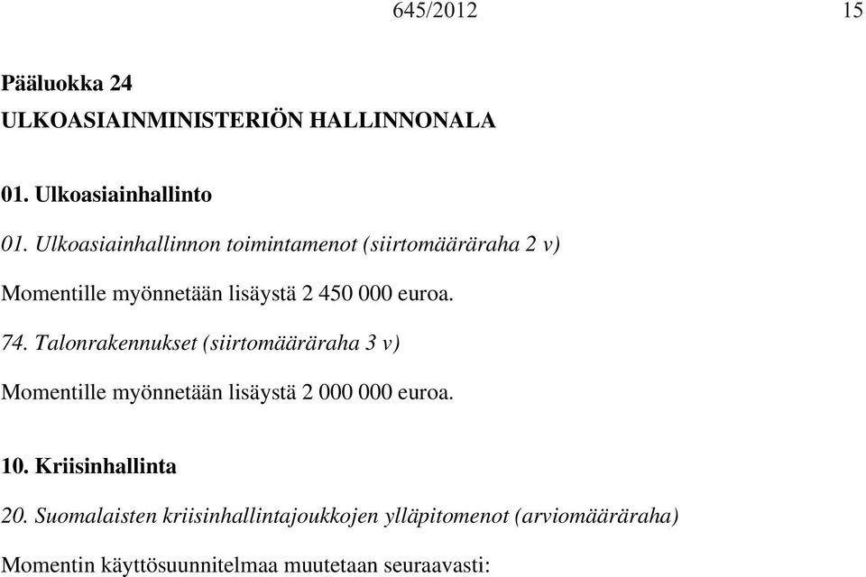 Talonrakennukset (siirtomääräraha 3 v) Momentille myönnetään lisäystä 2 000 000 euroa. 10.