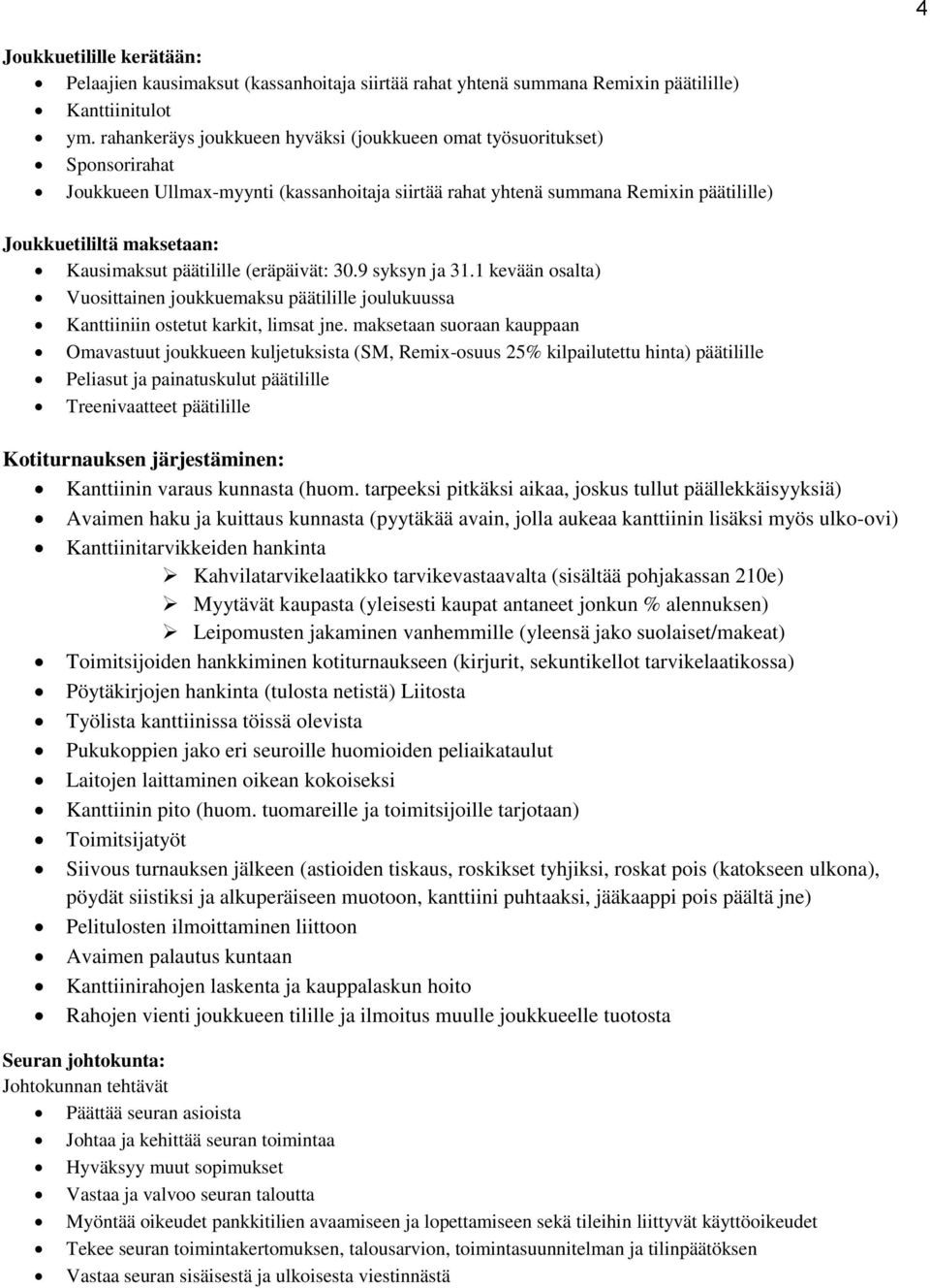 Kausimaksut päätilille (eräpäivät: 30.9 syksyn ja 31.1 kevään osalta) Vuosittainen joukkuemaksu päätilille joulukuussa Kanttiiniin ostetut karkit, limsat jne.