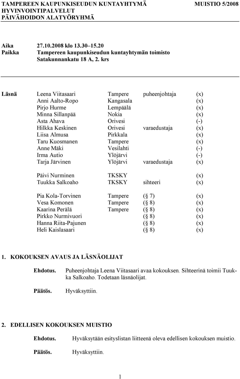 Liisa Almusa Pirkkala (x) Taru Kuosmanen Tampere (x) Anne Mäki Vesilahti ( ) Irma Autio Ylöjärvi ( ) Tarja Järvinen Ylöjärvi varaedustaja (x) Päivi Nurminen TKSKY (x) Tuukka Salkoaho TKSKY sihteeri