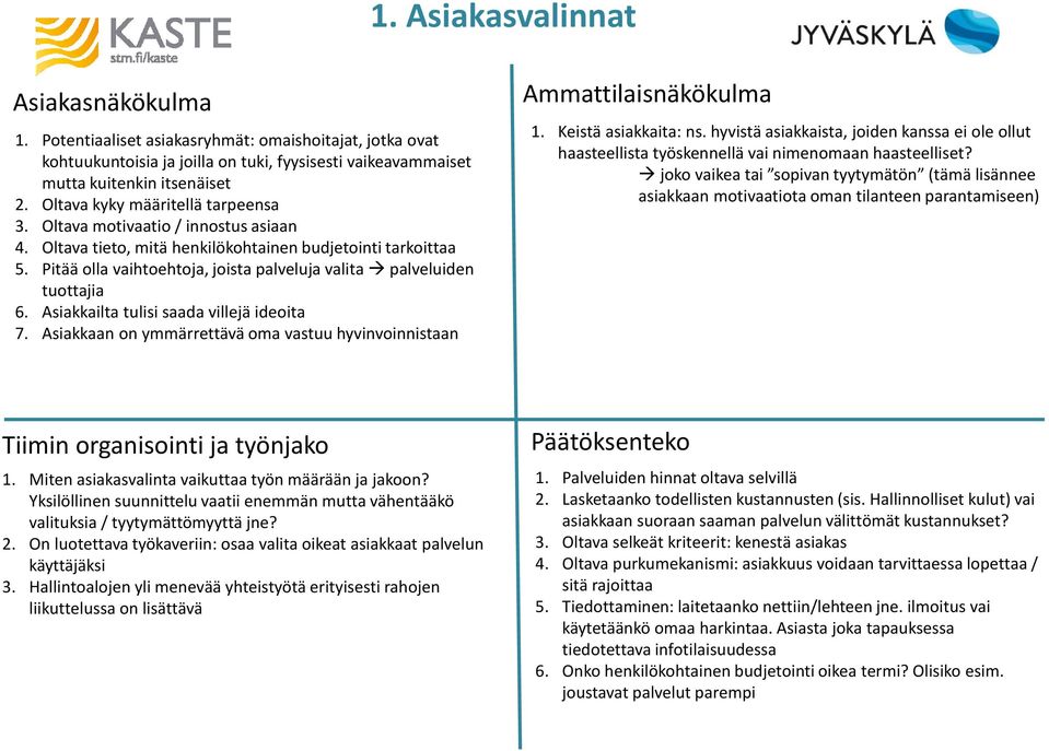 Pitää olla vaihtoehtoja, joista palveluja valita palveluiden tuottajia 6. Asiakkailta tulisi saada villejä ideoita 7. Asiakkaan on ymmärrettävä oma vastuu hyvinvoinnistaan Ammattilaisnäkökulma 1.