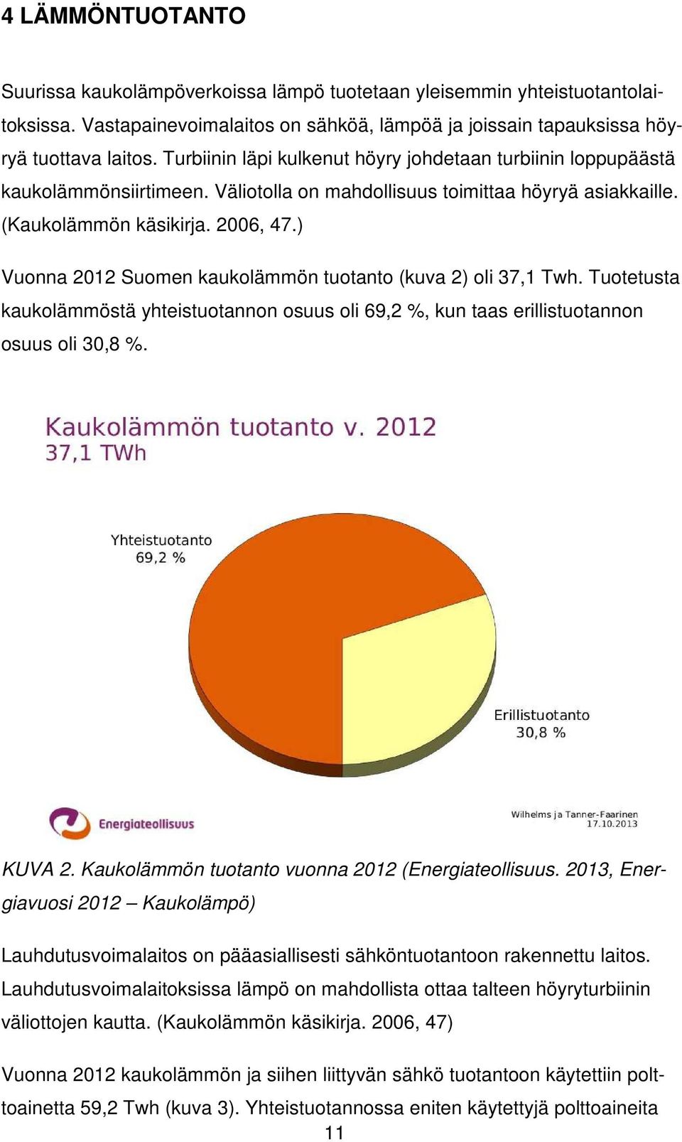 ) Vuonna 2012 Suomen kaukolämmön tuotanto (kuva 2) oli 37,1 Twh. Tuotetusta kaukolämmöstä yhteistuotannon osuus oli 69,2 %, kun taas erillistuotannon osuus oli 30,8 %. KUVA 2.