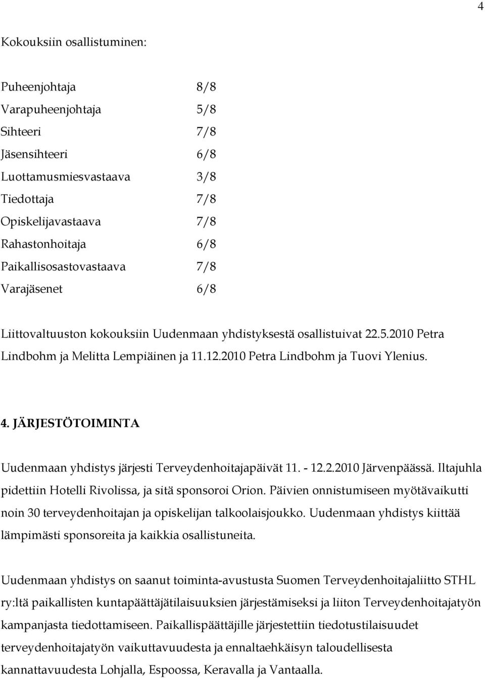 2010 Petra Lindbohm ja Tuovi Ylenius. 4. JÄRJESTÖTOIMINTA Uudenmaan yhdistys järjesti Terveydenhoitajapäivät 11. - 12.2.2010 Järvenpäässä.