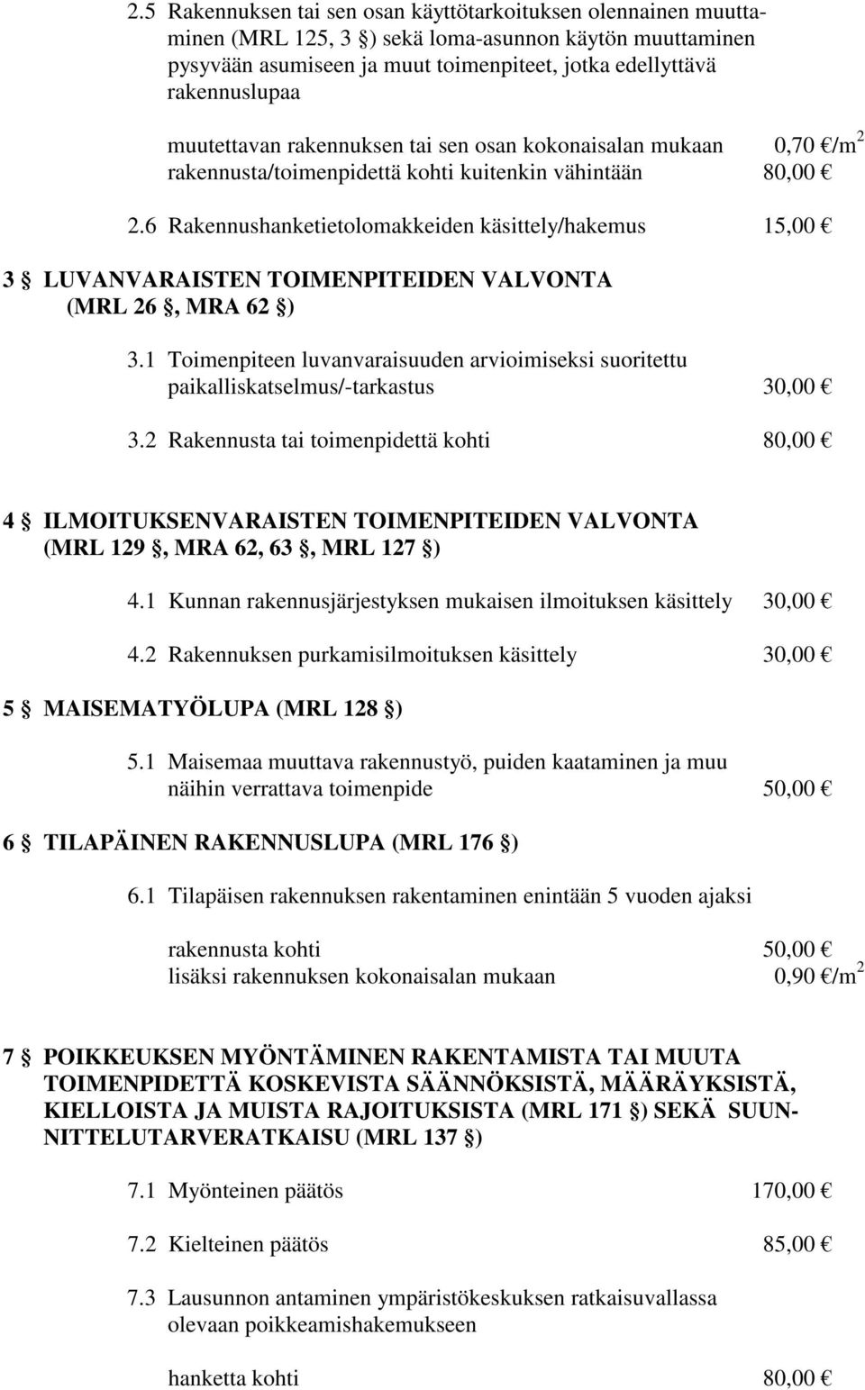 6 Rakennushanketietolomakkeiden käsittely/hakemus 15,00 3 LUVANVARAISTEN TOIMENPITEIDEN VALVONTA (MRL 26, MRA 62 ) 3.