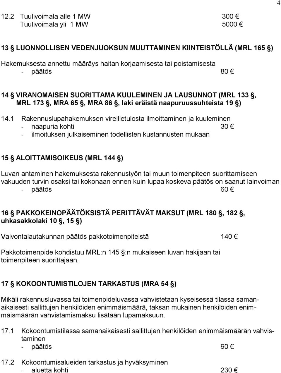 1 Rakennuslupahakemuksen vireilletulosta ilmoittaminen ja kuuleminen - naapuria kohti 30 - ilmoituksen julkaiseminen todellisten kustannusten mukaan 15 ALOITTAMISOIKEUS (MRL 144 ) Luvan antaminen